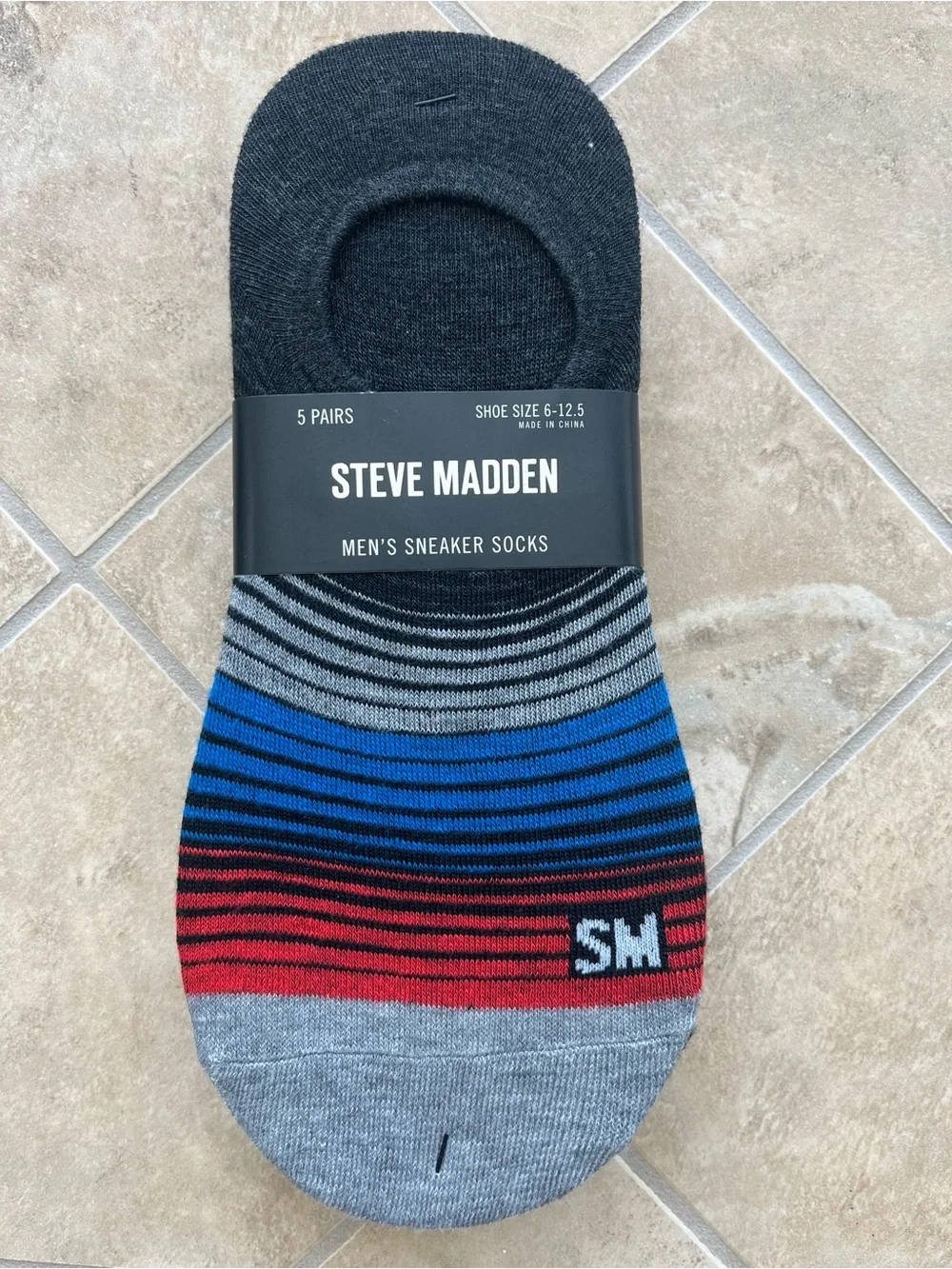 Steve Madden Men's Low-Cut Sneaker Socks — Gray, Blue & Red Stripe